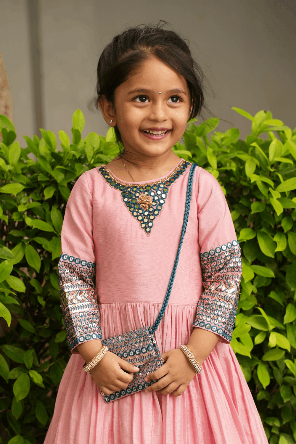 Peach Sequins, Mirror, Stone and Threadwork Long Party Gown for Girls with Matching Designer Bag - Seasons Chennai