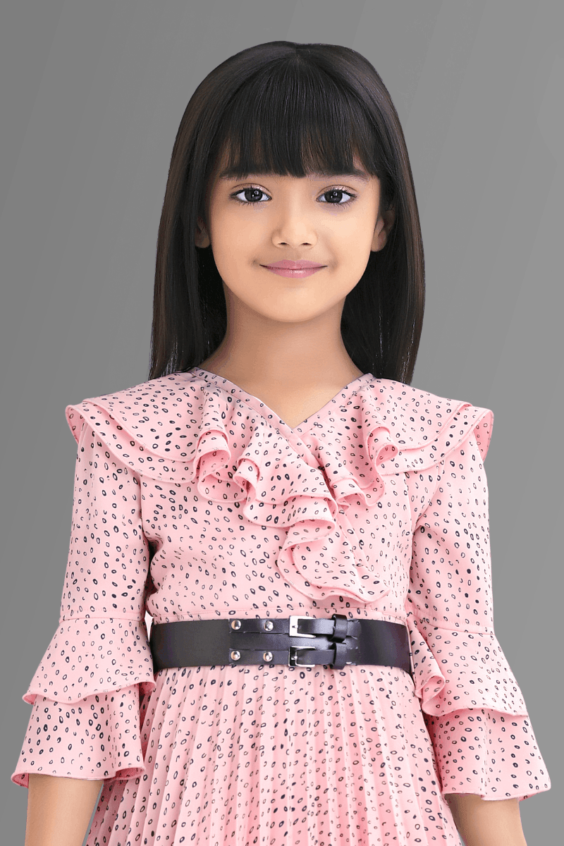 Peach with Black Print Knee Length Casual Frock for Girls with Belt - Seasons Chennai