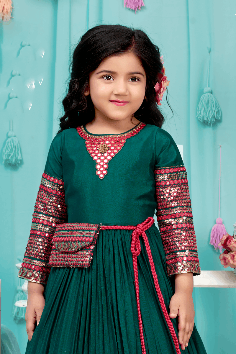 Green Sequins, Mirror, Stone and Threadwork Long Party Gown for Girls with Matching Designer Bag - Seasons Chennai