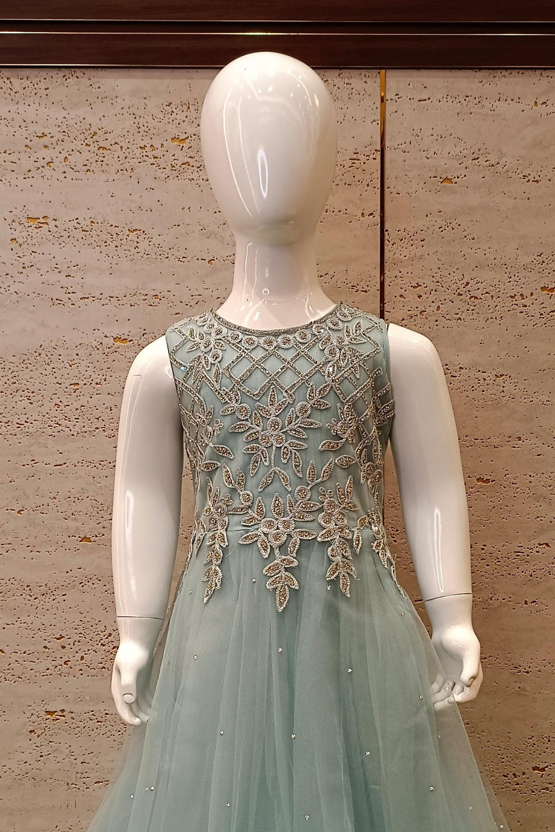 Sea Green Stone and Thread work Long Party Gown for Girls - Seasons Chennai