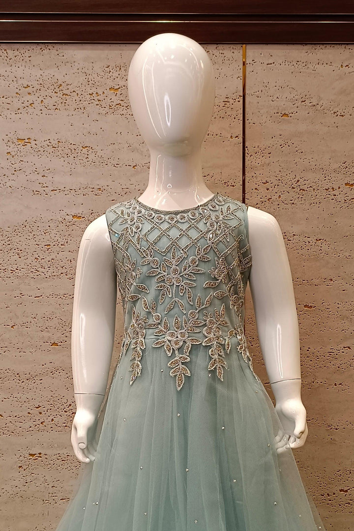 Sea Green Stone and Thread work Long Party Gown for Girls - Seasons Chennai