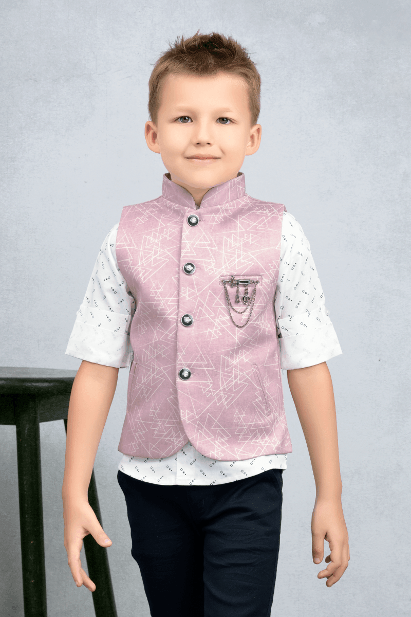White with Onion Pink Waist Coat and Navy Blue Pant Set for Boys - Seasons Chennai