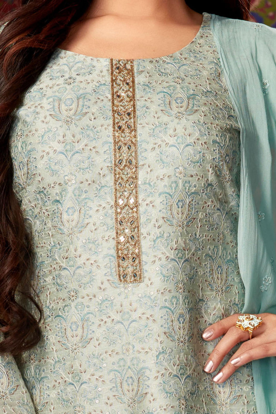 Sea Green Printed, Thread, Sequins, Mirror, Beads and Zardozi work Straight Cut Salwar Suit - Seasons Chennai
