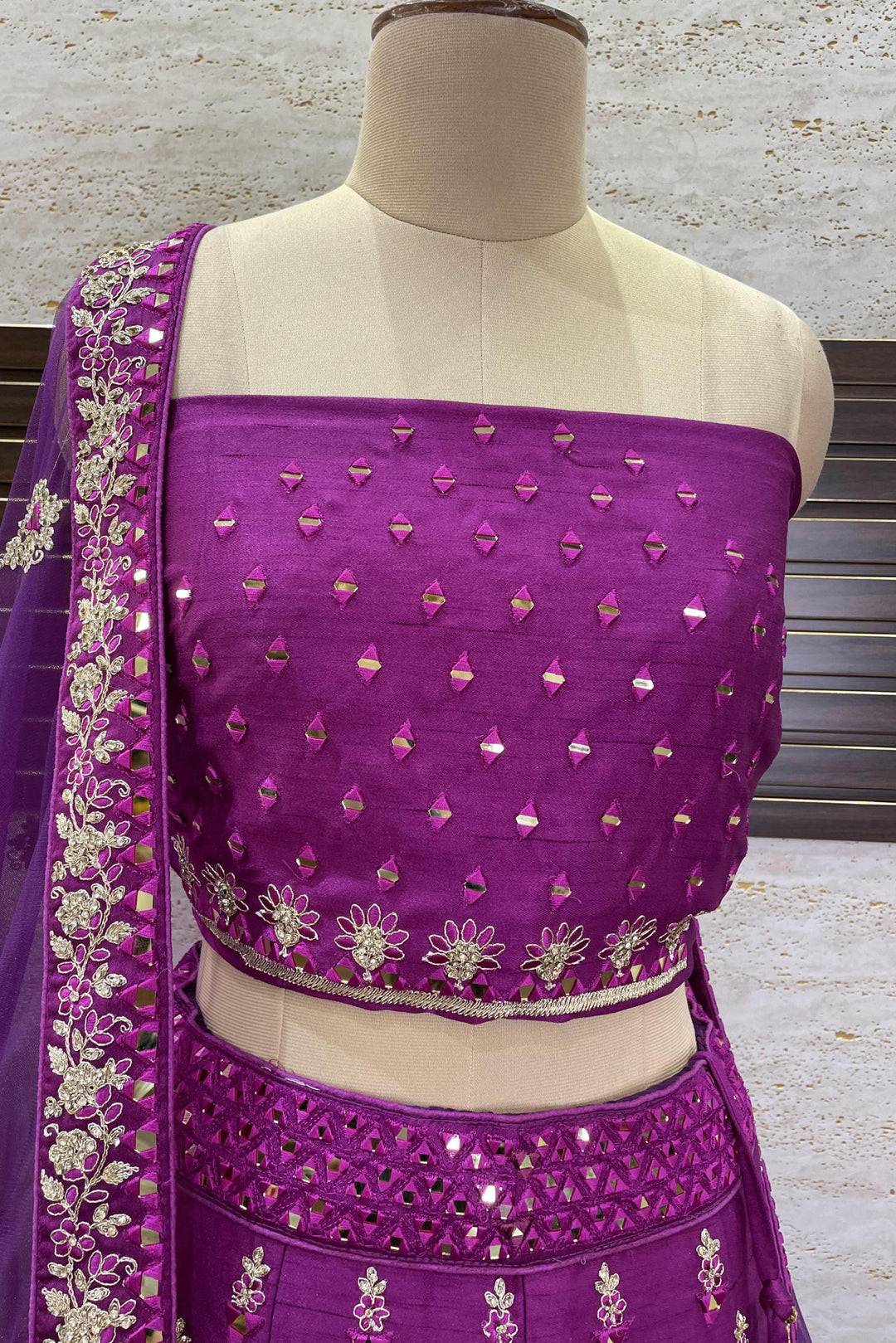 Purple Mirror, Stone and Golden Zari work Semi-Stitched Designer Bridal Lehenga - Seasons Chennai