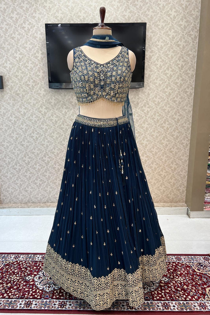 Navy Blue Mirror, Stone, Beads, Thread, Sequins and Zari work Crop Top Lehenga - Seasons Chennai
