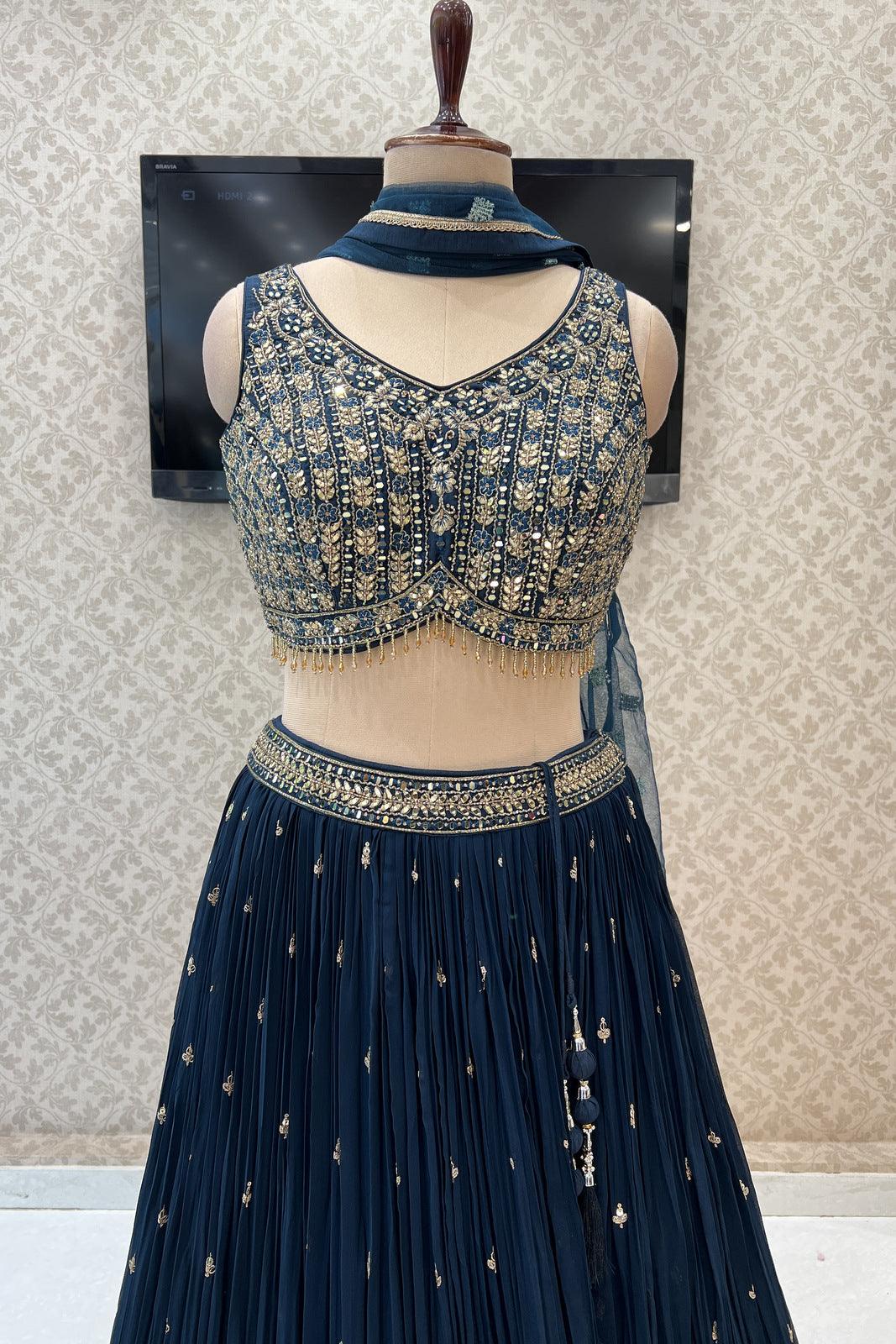 Navy Blue Mirror, Stone, Beads, Thread, Sequins and Zari work Crop Top Lehenga - Seasons Chennai