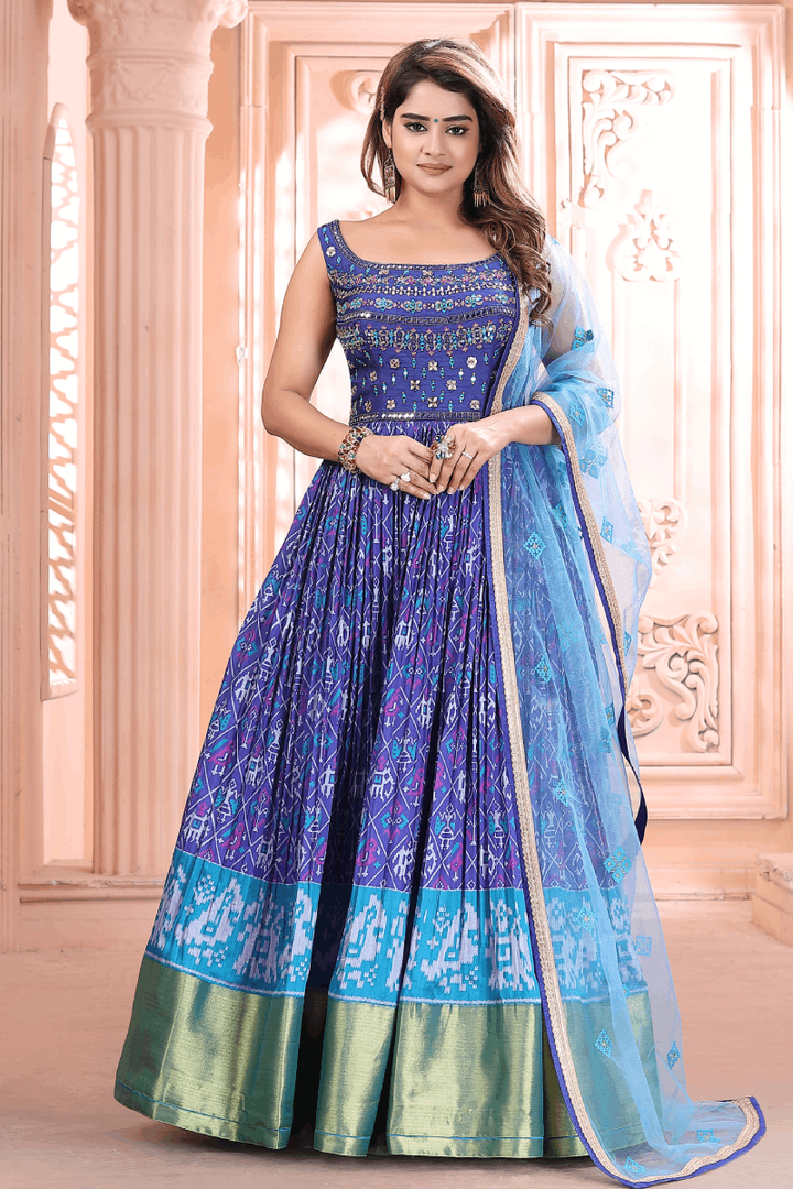 Royal Blue Mirror, Thread Work and Patola Print Anarkali Suit