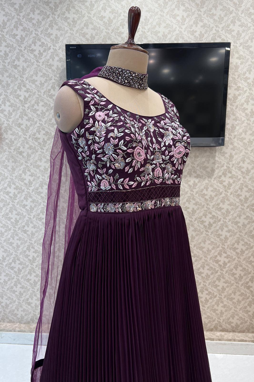 Wine Beads, Thread and Sequins work Floor Length Anarkali Suit - Seasons Chennai