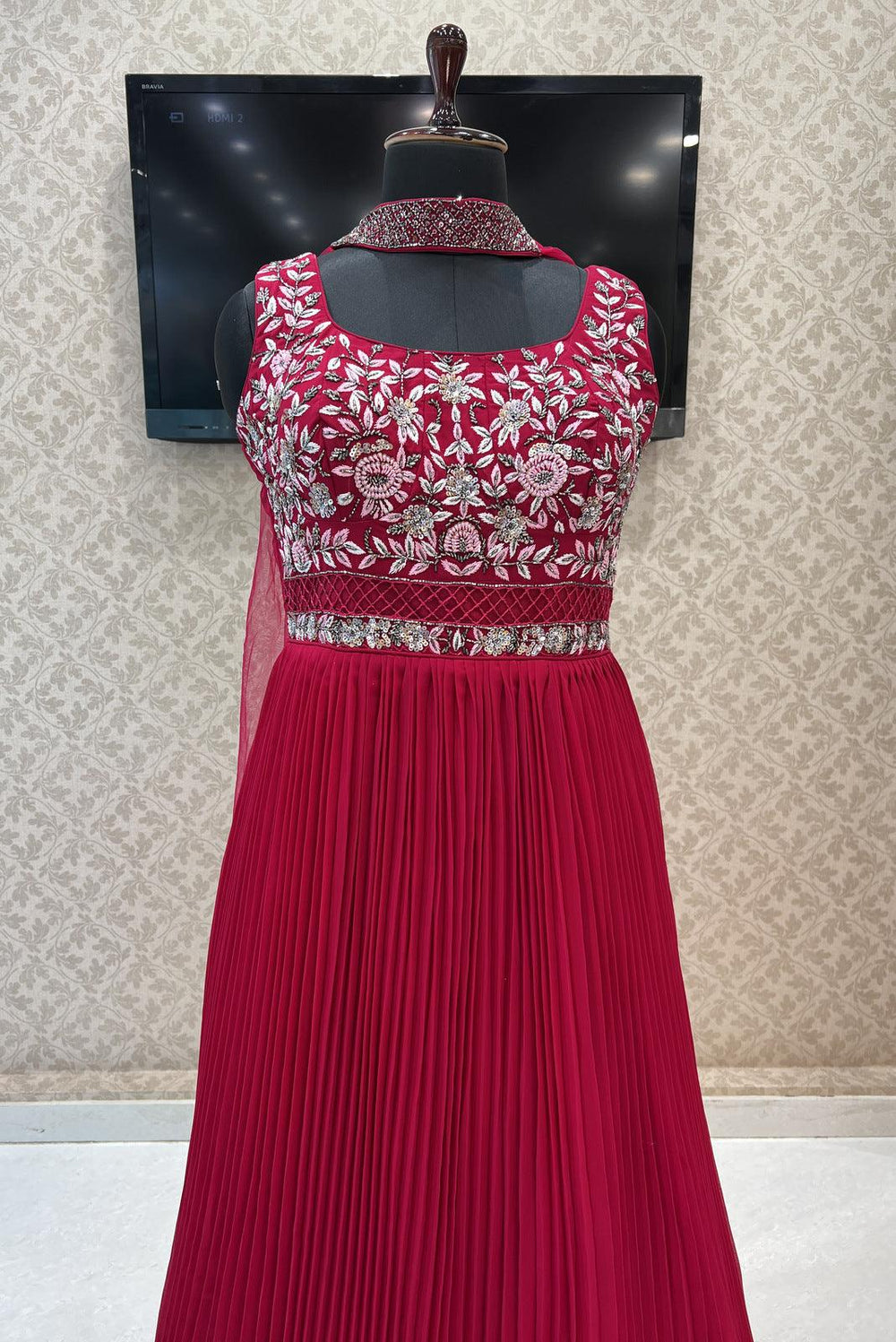 Rani Pink Beads, Thread and Sequins work Floor Length Anarkali Suit - Seasons Chennai