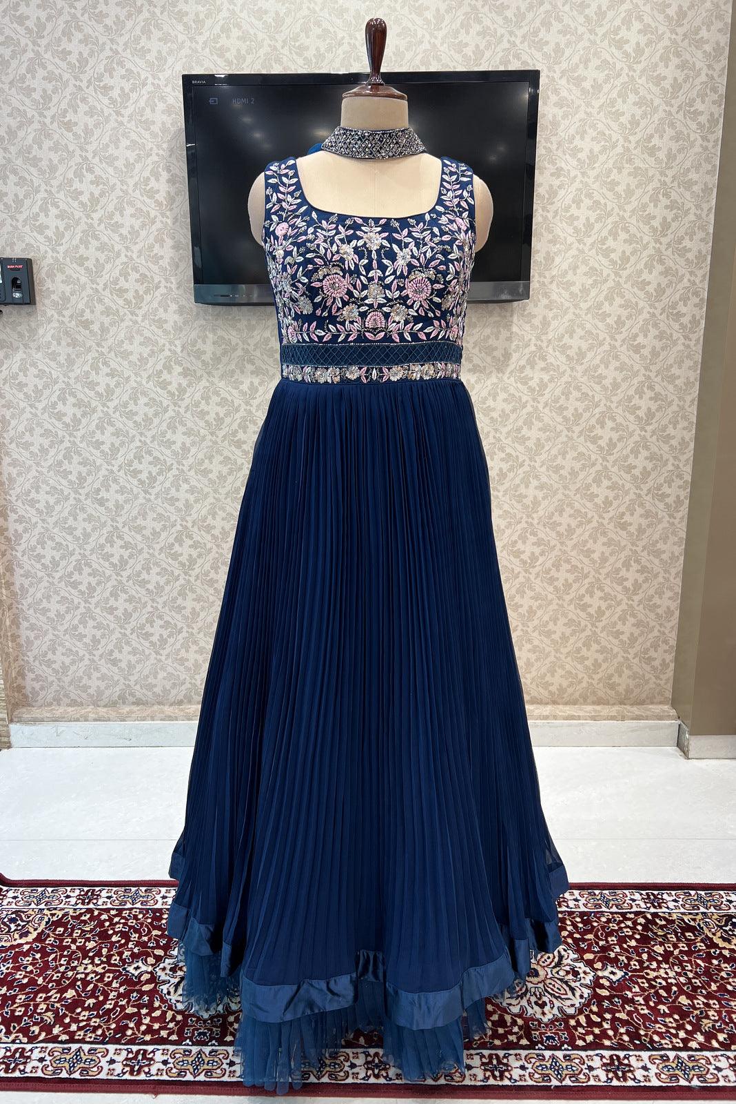 Peacock Blue Beads, Thread and Sequins work Floor Length Anarkali Suit - Seasons Chennai