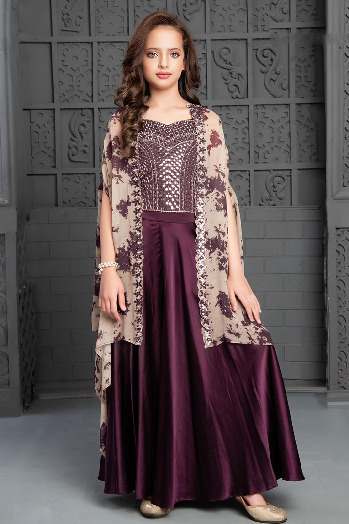 Wine Mirror and Stone work with Tie and Dye Print Overcoat Styled Palazzo Set For Girls - Seasons Chennai