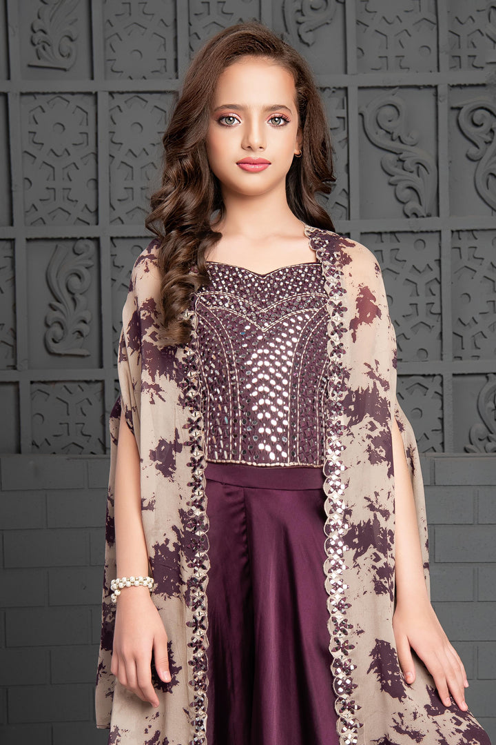 Wine Mirror and Stone work with Tie and Dye Print Overcoat Styled Palazzo Set For Girls - Seasons Chennai