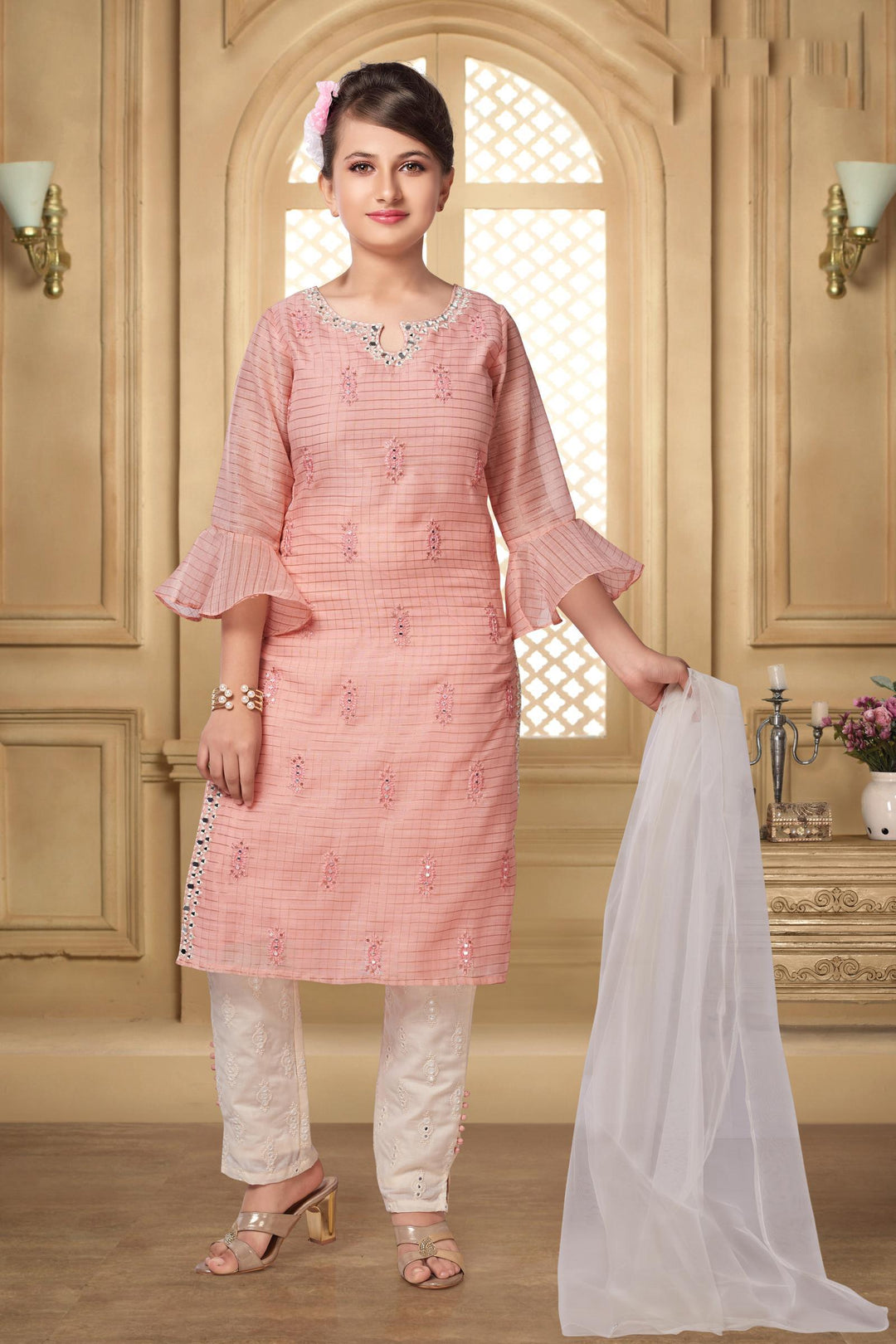 Peach and Cream Mirror and Embroidery work  Salwar Suit For Girls - 1