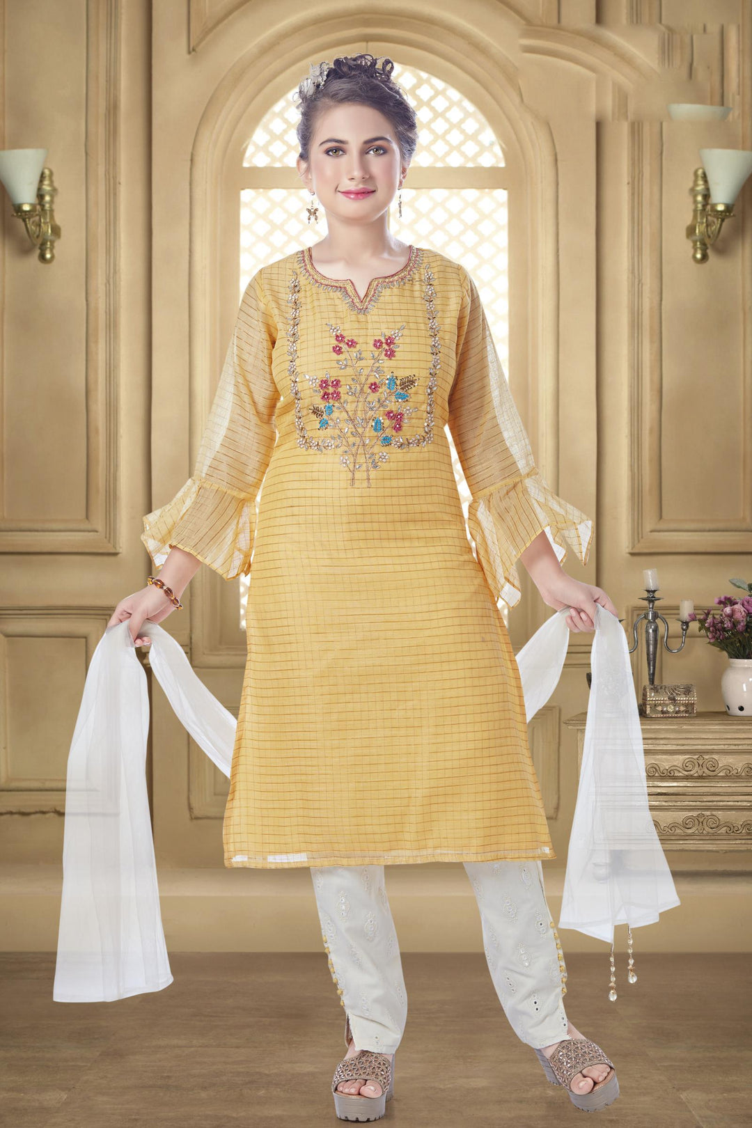 Yellow and Cream Zardozi and Embroidery work  Salwar Suit For Girls - 1