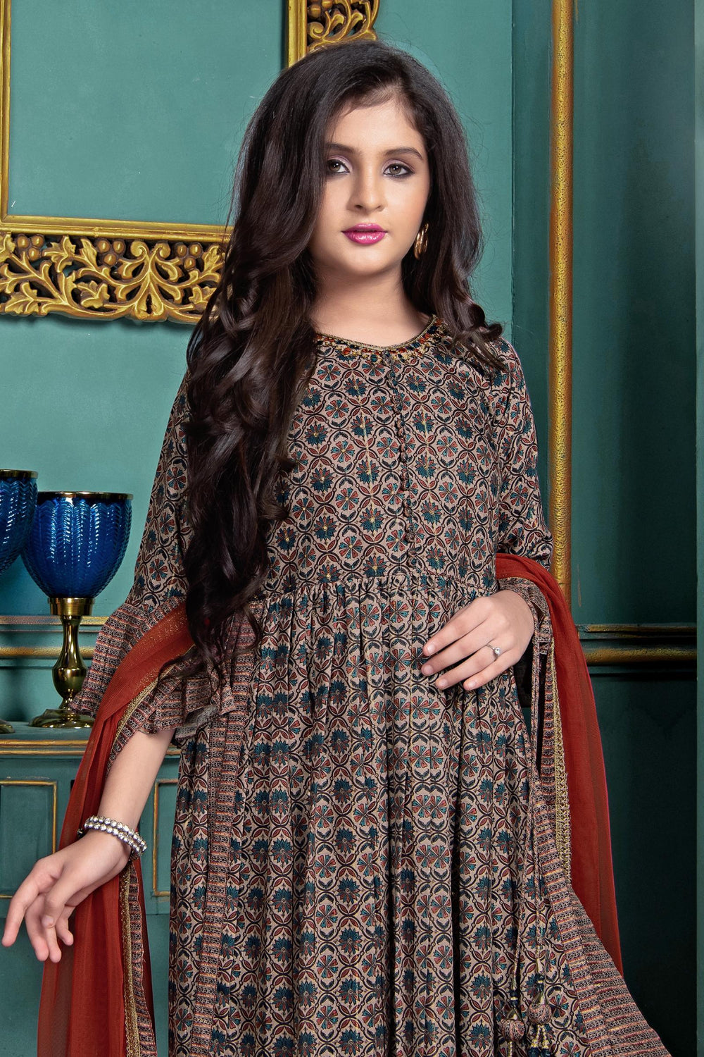 Grey with Floral Print, Sequins and Zari Weaving work Anarkali Style Salwar Suit for Girls - Seasons Chennai