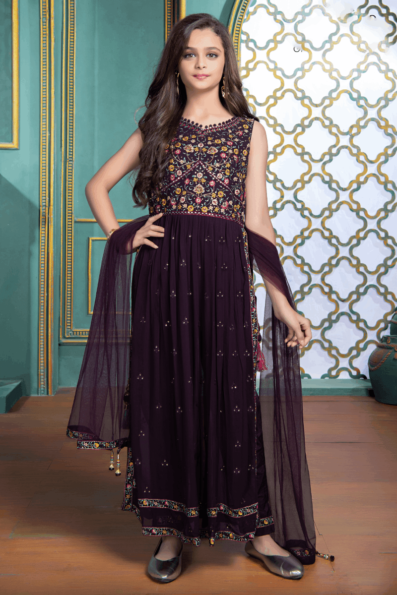 Wine Multicolor Thread and Sequins work for Girls Salwar Suit with Straight Pants - Seasons Chennai