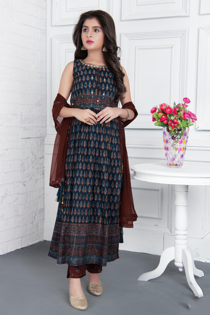 Teal Blue Digital Print, Sequins, Mirror and Thread work Anarkali Style Salwar Suit for Girls - Seasons Chennai