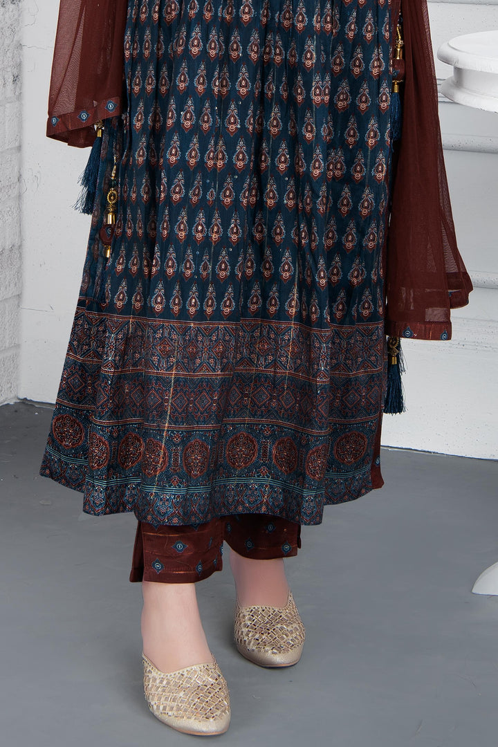 Teal Blue Digital Print, Sequins, Mirror and Thread work Anarkali Style Salwar Suit for Girls - Seasons Chennai