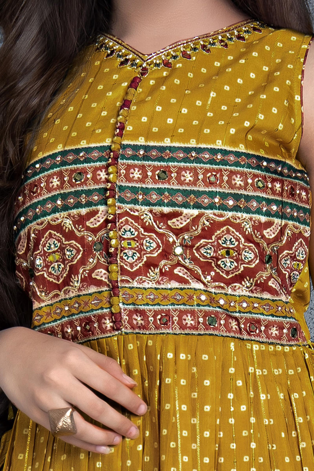 Mustard Yellow Bandini Print, Sequins and Zari work Palazzo Set for Girls - Seasons Chennai