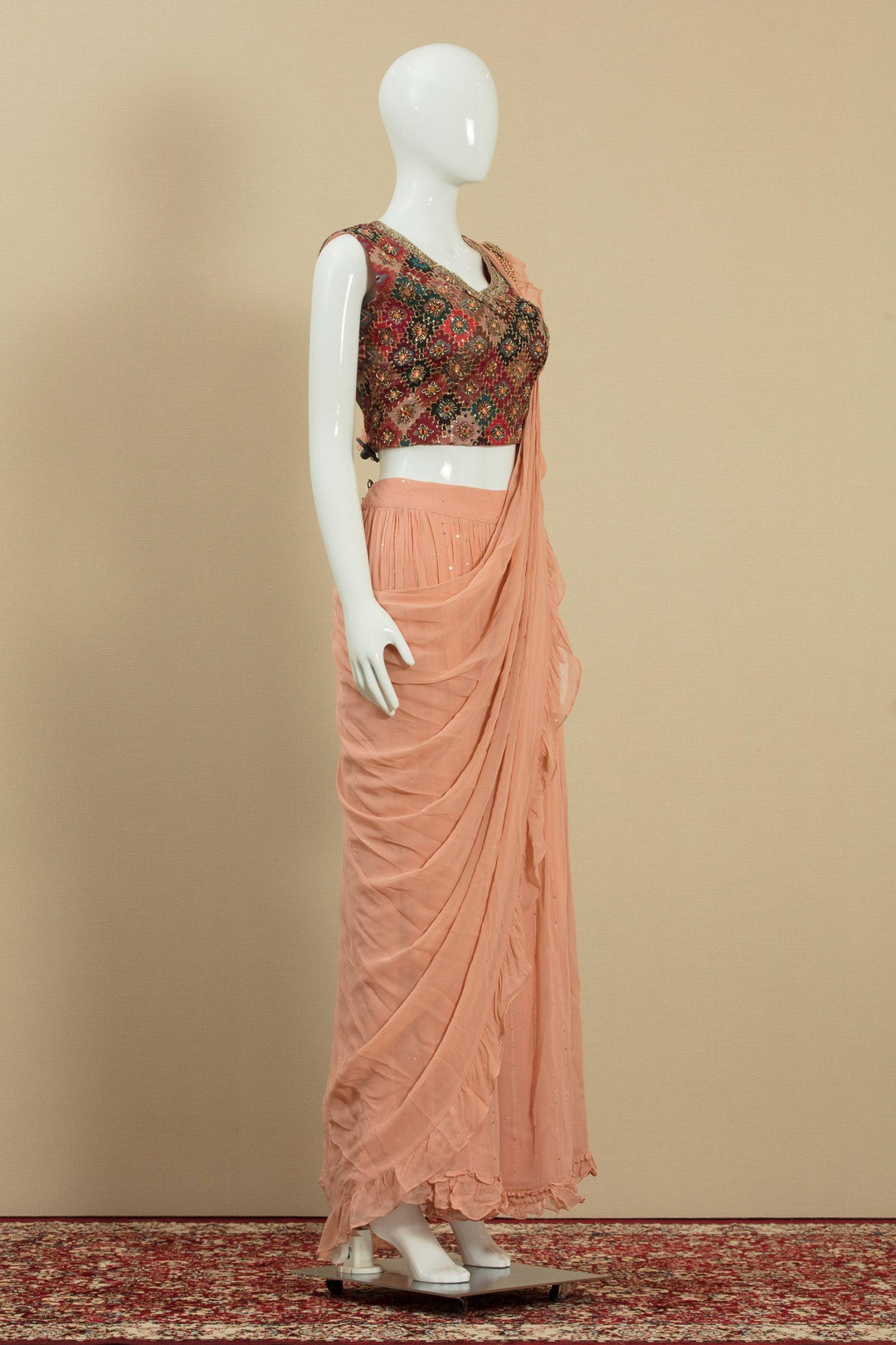 Peach Zari, Zardozi, Mirror and Sequins work Half Saree Styled Crop Top Palazzo Set - Seasons Chennai