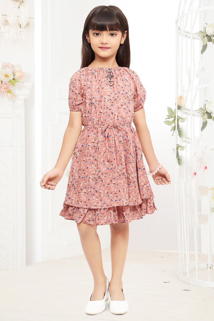 Peach Multicolor Floral Print Knee Length Casual Frock for Girls - Seasons Chennai