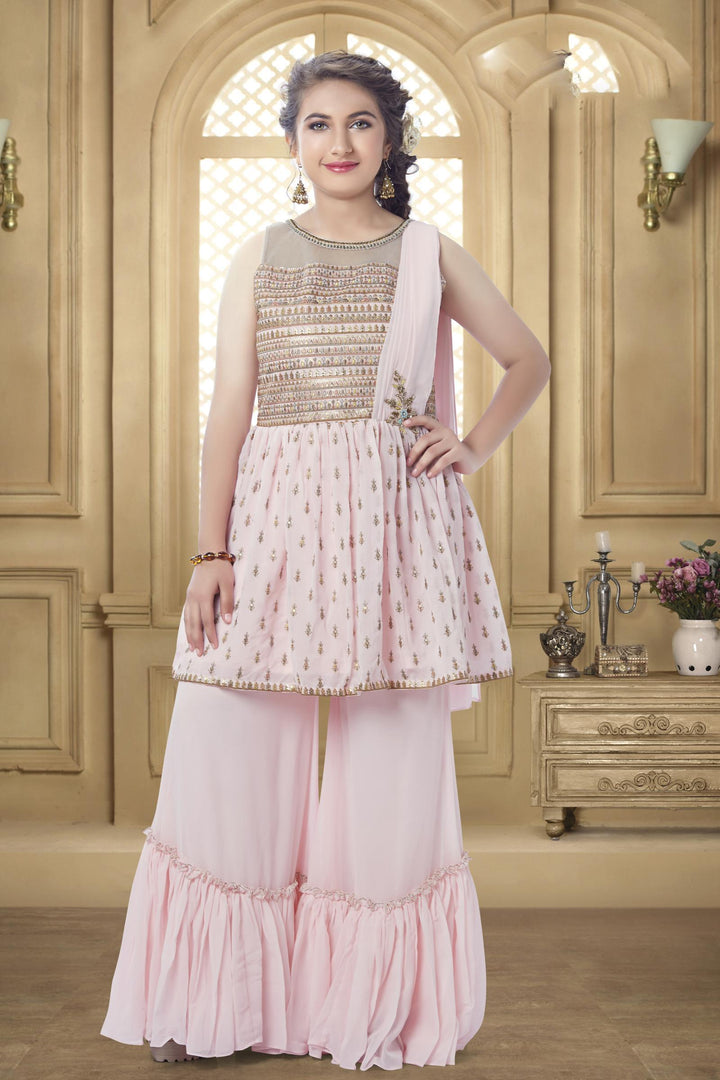Baby Pink Multicolor Thread and Sequins work Gharara Set for Girls - SeasonsChennai