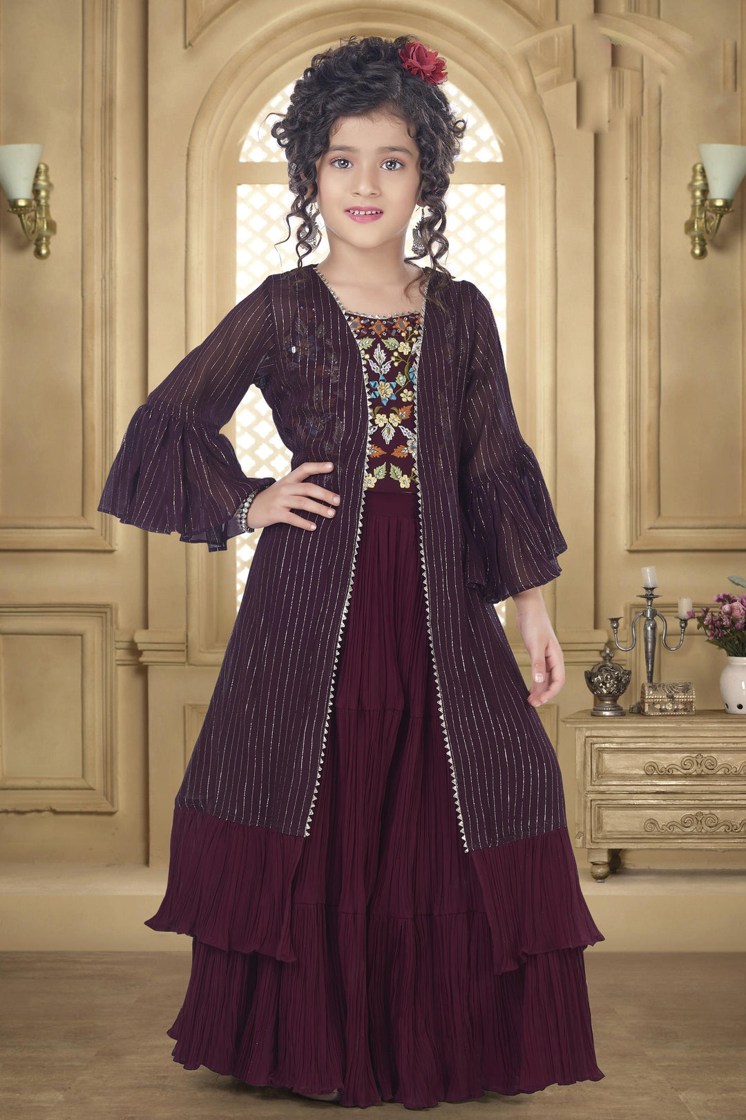 Wine Mirror, Stone, Thread and Zari work Overcoat Styled Sharara Set For Girls - Seasons Chennai