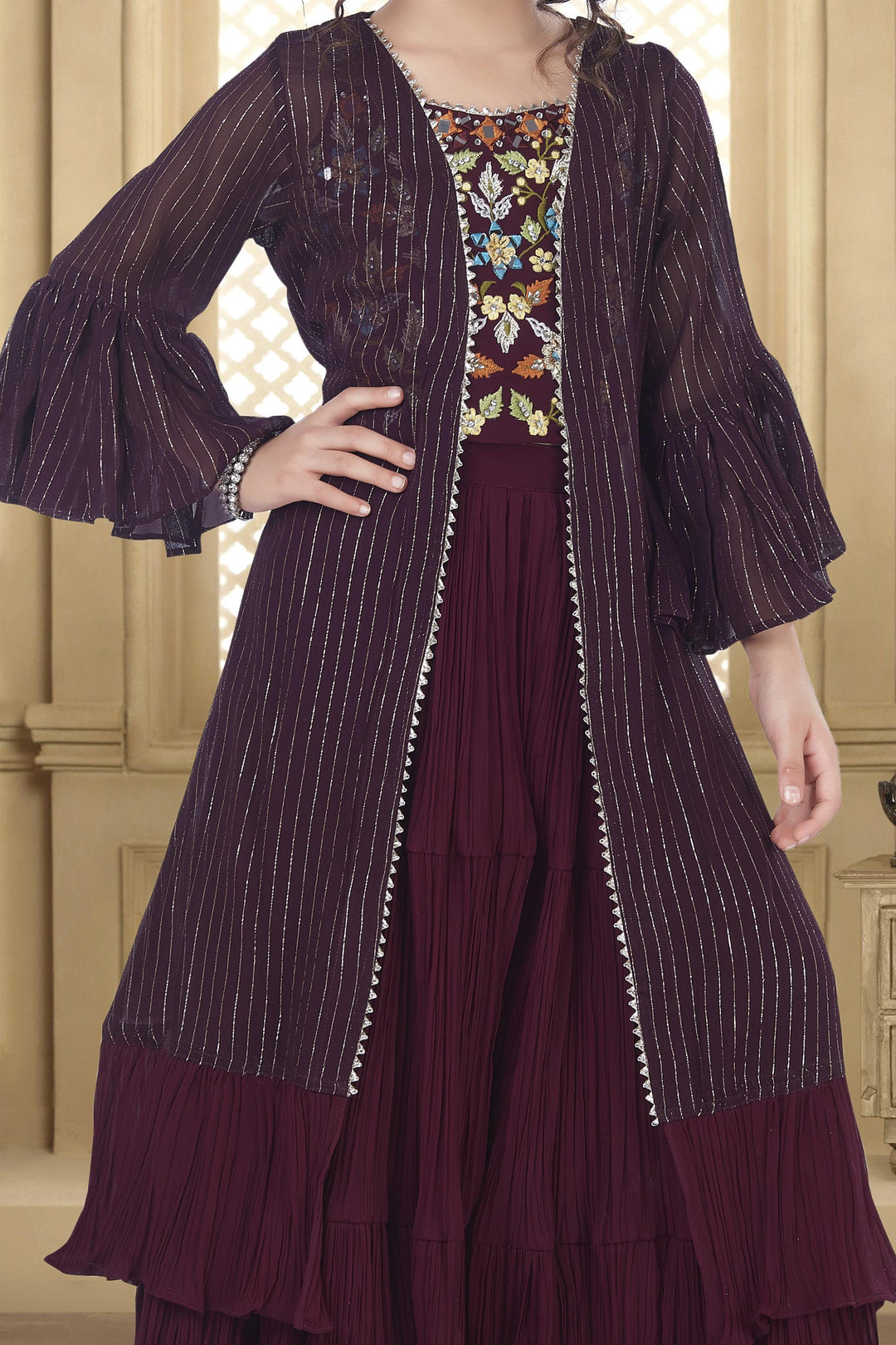 Wine Mirror, Stone, Thread and Zari work Overcoat Styled Sharara Set For Girls - Seasons Chennai