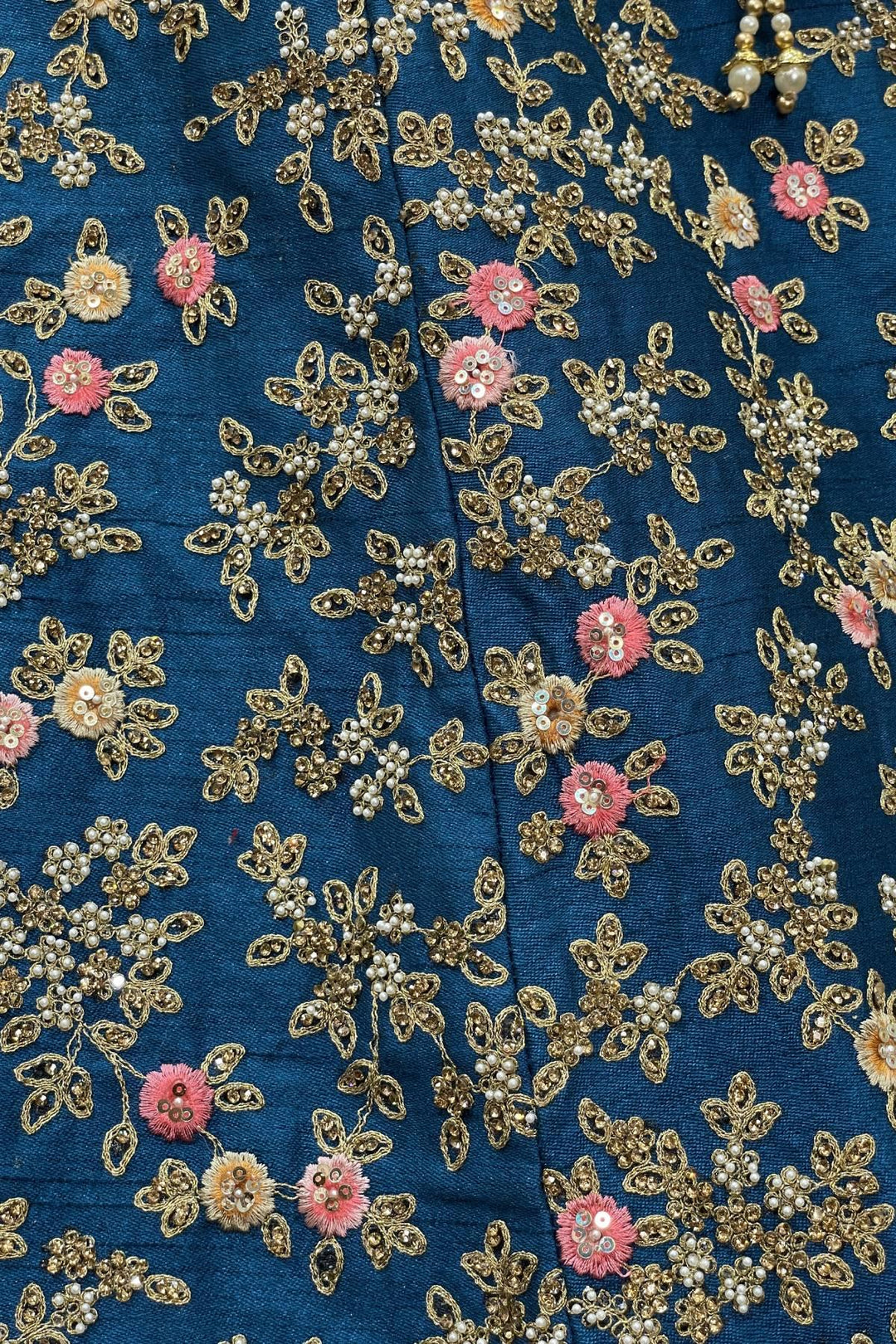 Rama Blue Gold Stone, Pearl and Zari work Semi-Stitched Designer Bridal Lehenga - Seasons Chennai