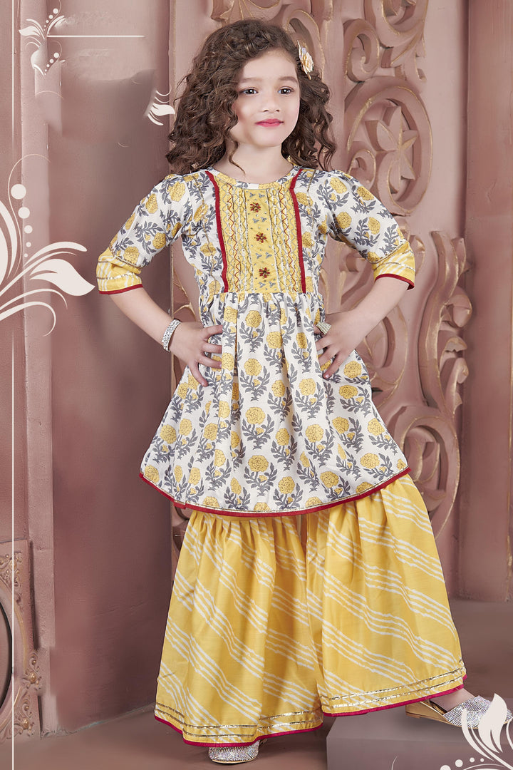 Cream with Yellow Digital Print, Beads, Stone and Zari work for Girls Sharara Suit Set - Seasons Chennai