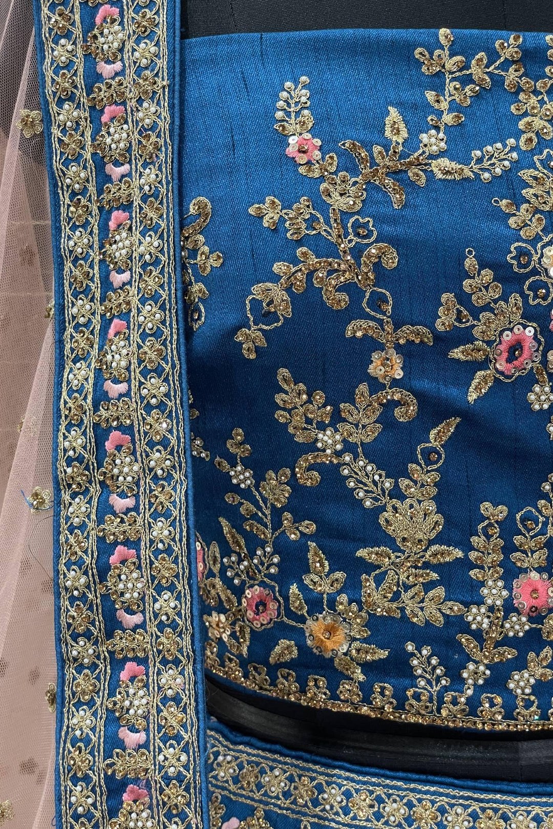 Rama Blue Gold Stone, Pearl and Zari work Semi-Stitched Designer Bridal Lehenga - Seasons Chennai