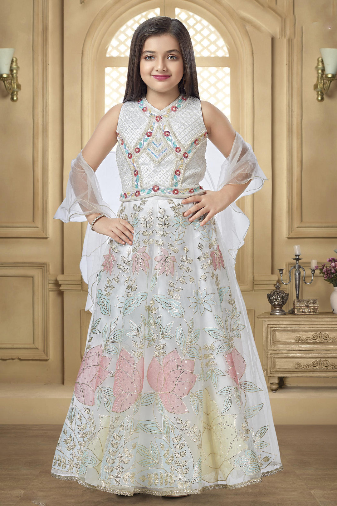 White Pearl, Beads and Sequins work Lehenga Choli for Girls - Seasons Chennai