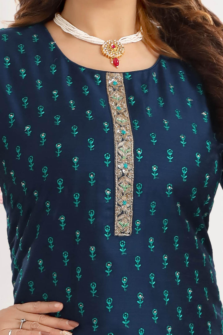 Navy Blue Thread, Beads, Banaras and Zardozi work with Bandini Print Straight Cut Salwar Suit - Seasons Chennai