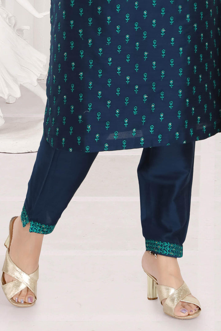 Navy Blue Thread, Beads, Banaras and Zardozi work with Bandini Print Straight Cut Salwar Suit - Seasons Chennai