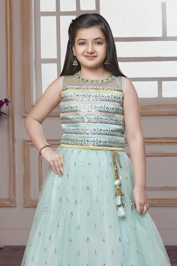 Sea Green Sequins, Thread, Mirror, Stone and Beads work Lehenga Choli for Girls - Seasons Chennai