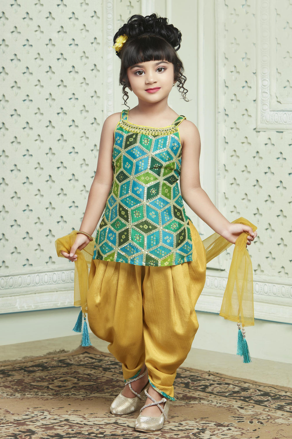 Green with Yellow Bandini Print and Sequins work Dhoti Style Salwar for Girls - Seasons Chennai