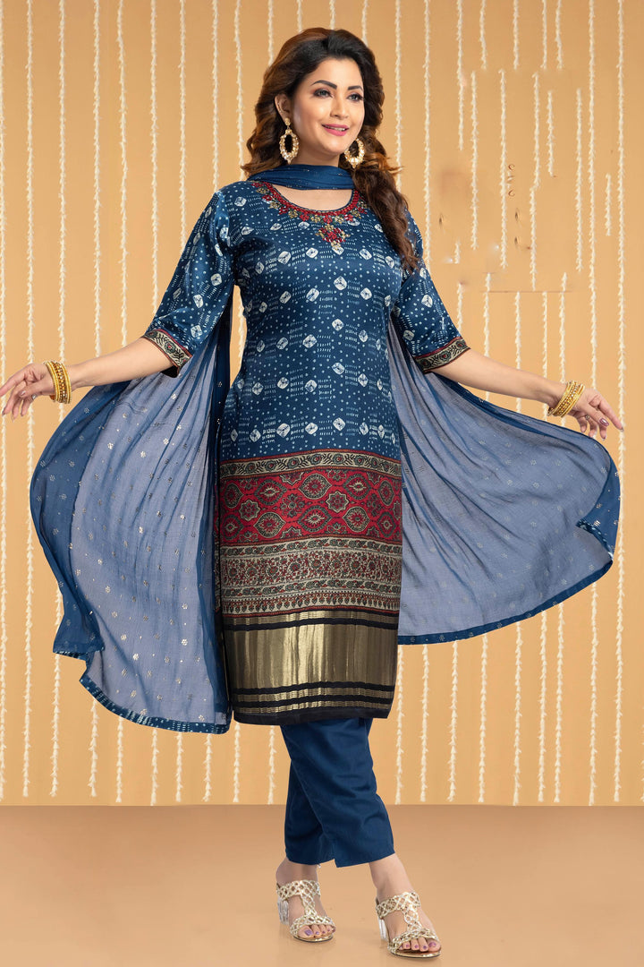 Indigo Blue Mirror and Thread work with Digital Print Straight Cut Salwar Suit - Seasons Chennai