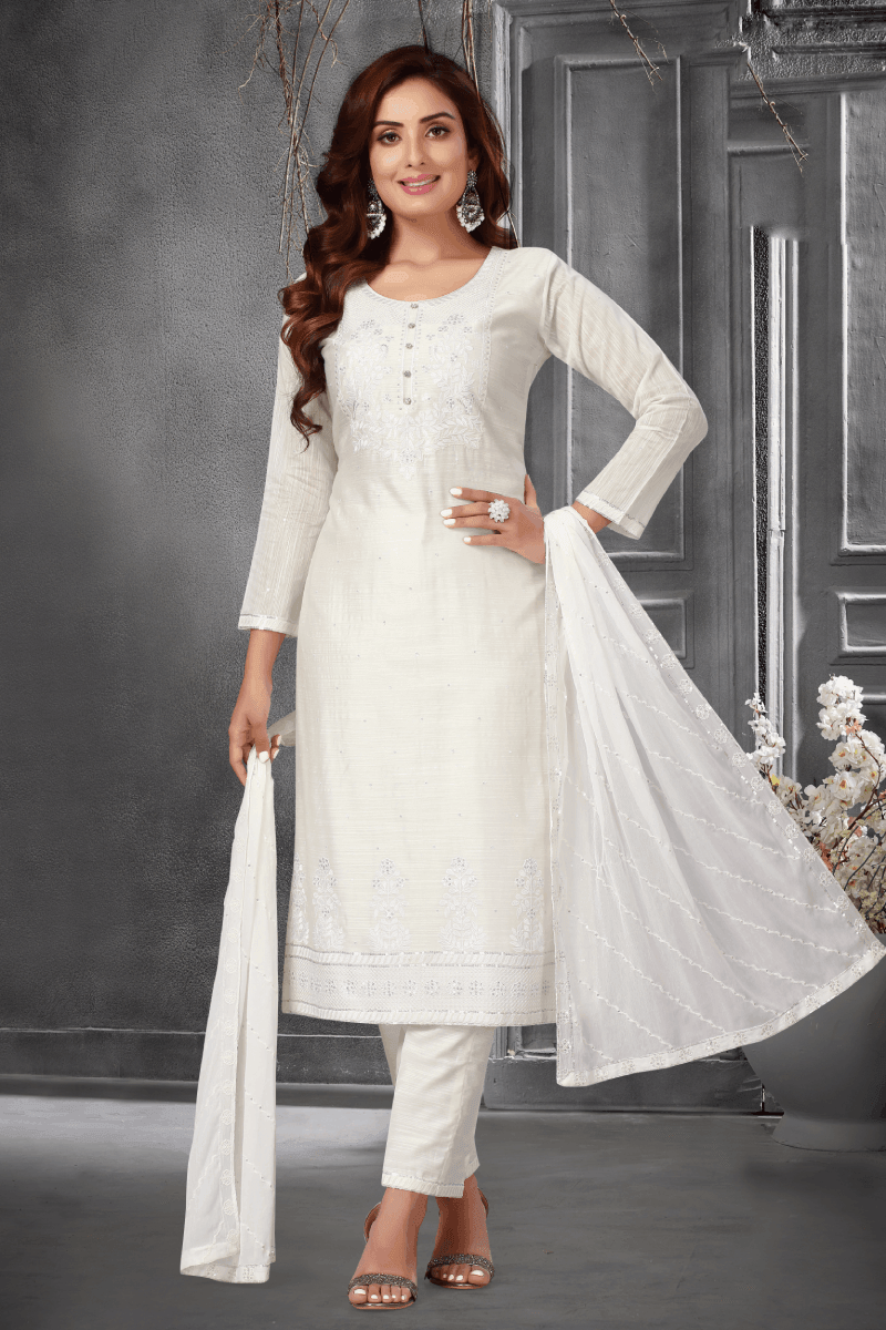 White Thread and Sequins work Straight Cut Salwar Suit - Seasons Chennai