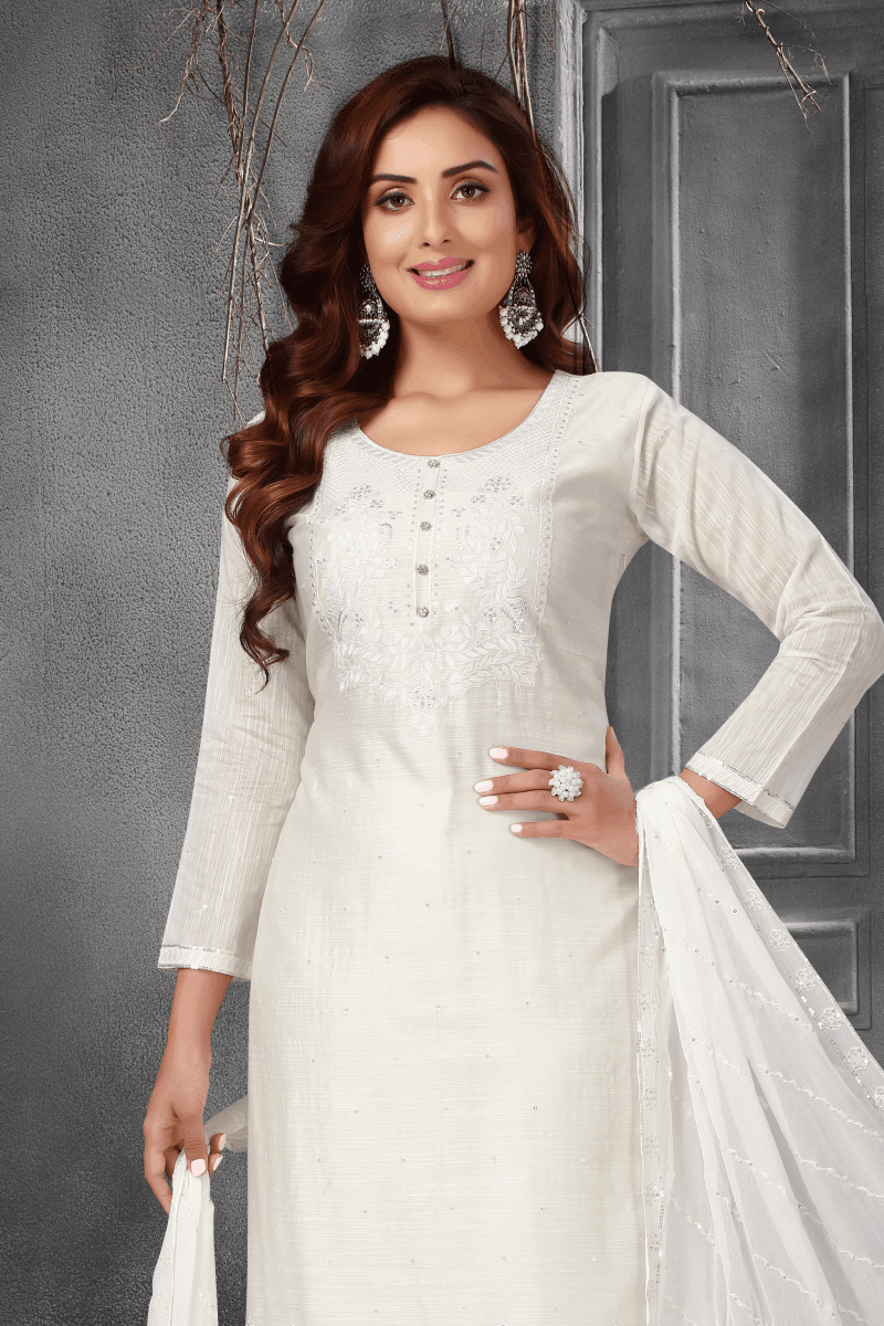 White Thread and Sequins work Straight Cut Salwar Suit - Seasons Chennai