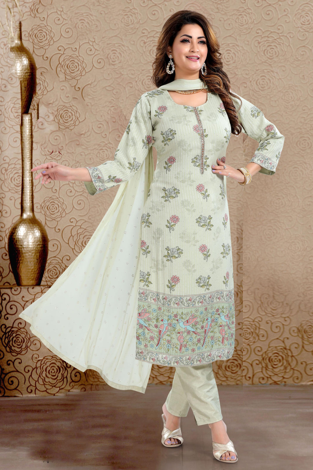 Light Pista Green Sequins, Thread and Zardozi work with Floral Print Straight Cut Salwar Suit - Seasons Chennai