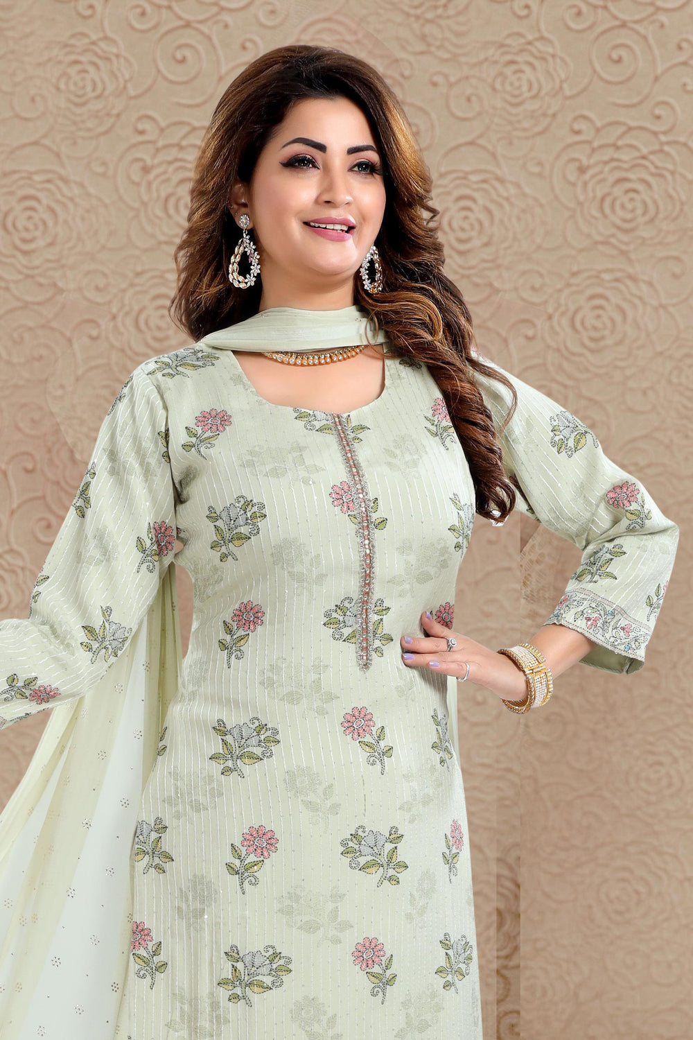Light Pista Green Sequins, Thread and Zardozi work with Floral Print Straight Cut Salwar Suit - Seasons Chennai
