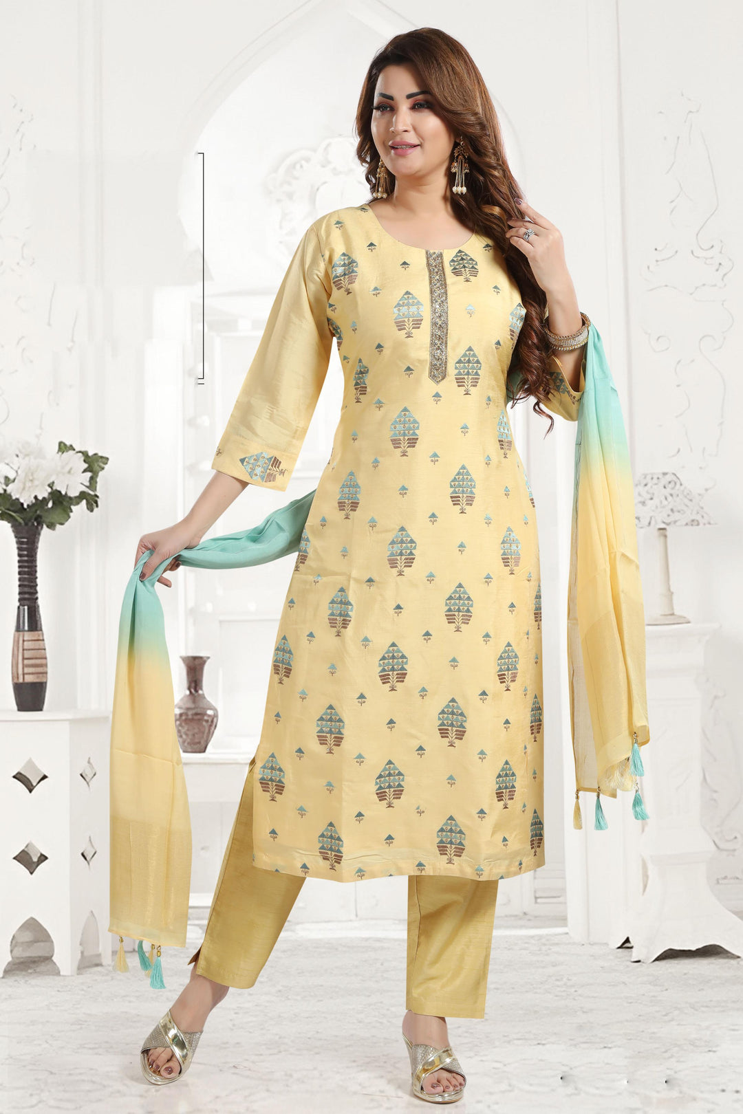 Lime Yellow Thread, Sequins, Zardozi and Mirror work Straight Cut Salwar Suit - Seasons Chennai