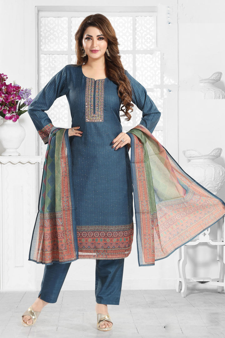 Navy Blue Sequins, Thread and Mirror work Straight Cut Salwar Suit - Seasons Chennai