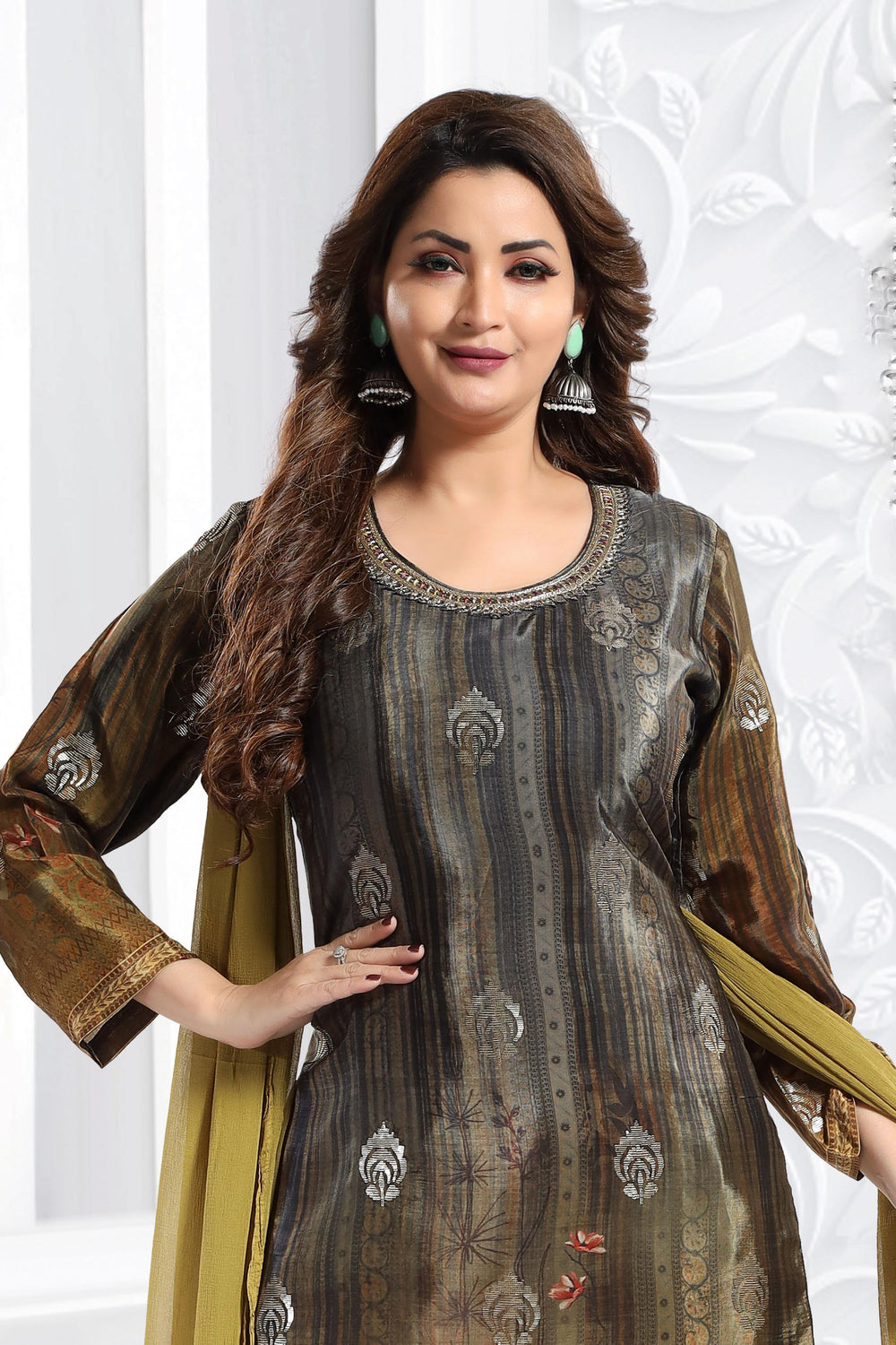 Mehendi Green with Grey Sequins, Mirror and Beads work with Floral Print Straight Cut Salwar Suit - Seasons Chennai