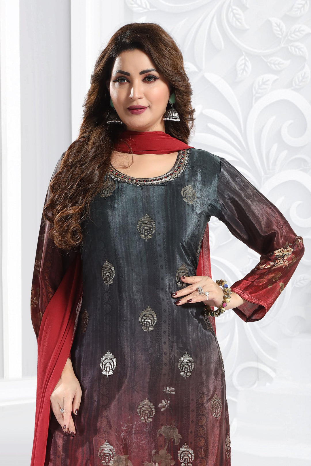 Grey with Maroon Sequins, Mirror and Beads work with Floral Print Straight Cut Salwar Suit - Seasons Chennai