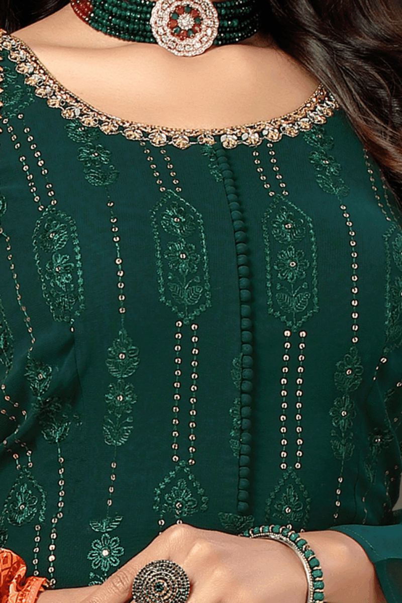 Bottle Green Sequins, Thread, Beads and Stone work Salwar Suit with Palazzo Pants - Seasons Chennai