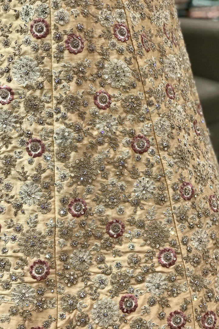 Beige Stone and Thread work Semi-Stitched Designer Bridal Lehenga - SeasonsChennai