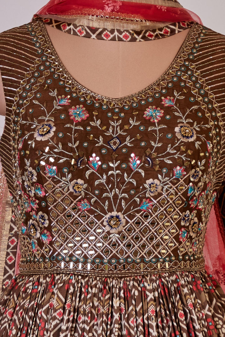 Brown Mirror, Kundan and Zari Thread work with Kalamkari Print Floor Length Anarkali Suit - Seasons Chennai
