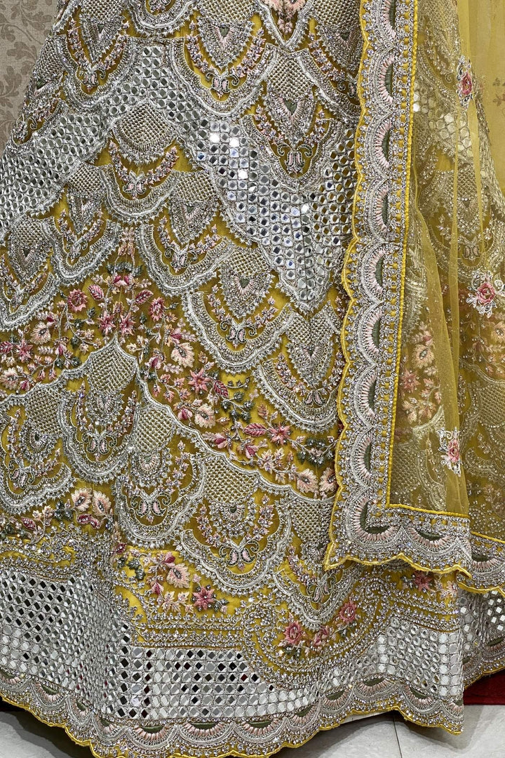 Yellow Mirror, Stone and Threadwork Semi-Stitched Designer Bridal Lehenga - SeasonsChennai