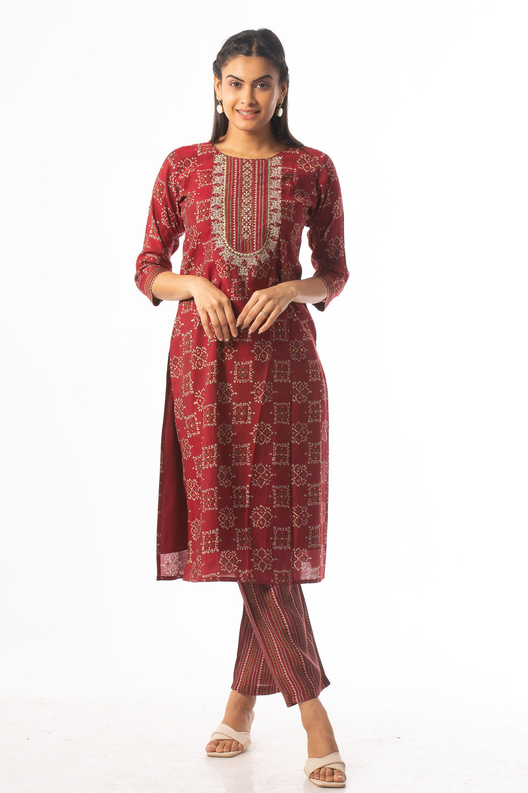 Maroon Mirror and Thread work with Printed Straight Cut Salwar Suit - Seasons Chennai